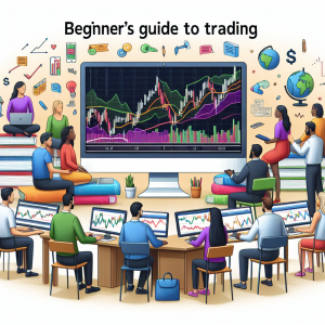 An image depicting a beginner's guide to trading. The scene should show a diverse set of people of various genders and descents such as Caucasian, South Asian, Middle-Eastern, and Black, all equally represented. They are all engaged in a trading class. At the forefront, there's a computer screen with a vivid line graph representing stock market movements, surrounded by several books and notebooks illustrating trading concepts and strategies. An inclusive and supportive atmosphere engaging people in the exploration of financial literacy and trading skills.