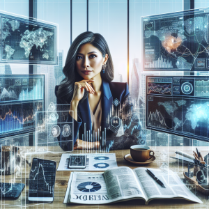 A detailed business-themed image showing a confident South Asian female investor sitting at a modern computer desk, surrounded by multiple monitors displaying various stock market trading setups, charts, and graphs. A financial newspaper and a cup of tea are on the desk. Innovative technology gadgets like a smartphone and a digital tablet with stock market apps are also present. The investor demonstrates thoughtful analysis and deep focus while embarking on her investment journey. The room has a glass window overlooking a bustling city, symbolizing a dynamically fluctuating market. 