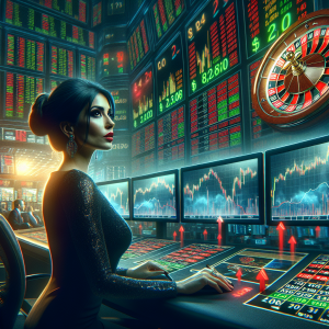 Create a compelling image for a financial article. The scene is set at a trading floor, with multiple high resolution monitors showing fluctuating stock market charts, numbers, and graphs including green and red arrows representing rises and falls. A prominent figure in the scene is a Hispanic female trader, in her late 30s, looking intensely at the screens. Also, depict a roulette wheel with a ball landing on a number, emphasizing the risk and chance aspects of the Martingale strategy in trading. Above all, the image should evoke the atmosphere of a fast-paced, high-stakes environment.