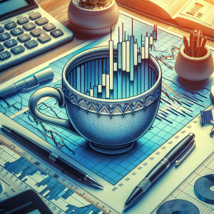 Create an image to illustrate a concept in trading known as the 'Cup with Handle' pattern. This pattern often emerges in stock market price charts. The image should symbolically represent the cup, showing dipping trends on either side (the body of the 'cup') with a steady incline (the 'handle') on the right. Preferably, depict the pattern embedded within a stylized stock chart, surrounded by tools of the trade such as calculators or graphs. The overall setting indicating a trading office environment with multiple monitors, a pen, and a notebook. Ensure everything is captivating but concise.