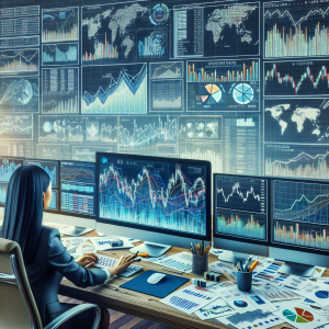 A flat in trading: Understanding and trading strategies. An organized, modern office setup consisting of multiple computer screens presenting colorful line graphs, charts, and data analytics. A desk cluttered with papers containing pie charts, bar graphs, and handwritten notes, symbolizing strategic planning and analysis. A scene of an Asian woman wearing business attire, carefully examining a computer screen, her fingers poised over the keyboard, ready for strategic trading. A large whiteboard with various trading terminologies and development plans can be seen in the background.