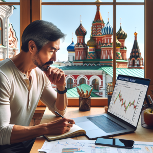 A middle-aged East Asian man is seated at a modern wooden desk, intently studying information on his computer screen, which shows the Apple Inc. stock price. He is taking notes in a notebook that is entitled 'Investor's Guide'. There are several financial graphs and charts scattered around his workspace. Russian architecture, like onion-domed structures and colorful buildings, are visible through the window in the background. The setting is a cozy and brightly lit home office space. This scene represents the process of purchasing Apple stocks in Russia.