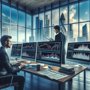 An image depicting a professional workspace with multiple computer monitors displaying various bar graphs and financial charts. Within this office setting, a Caucasian man and a Middle-Eastern woman are attentively analyzing the information. On one of the screens, the logo of TradingView is prominently displayed, suggestive of a detailed financial analysis. The image also includes a panoramic window in the background, showcasing an impressive cityscape which adds to the atmosphere of a dynamic financial hub. On the desk, next to a strategically placed cup of coffee, rests a newspaper with Cyrillic headlines subtly highlighting the Russian context.