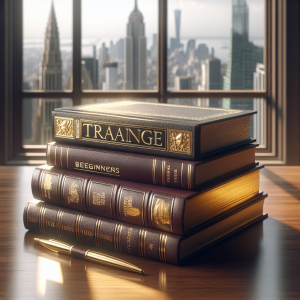 An image of a neat stack of books related to trading and finance, placed on a polished mahogany table. On the top of the stack, there is a guidebook for beginners adorned with a shiny gold embossed title. A couple of thick, well-worn volumes for experts follow below it, indicating extensive use. In the background, there's a transparent glass window revealing a vibrant cityscape with towering skyscrapers, symbolising the bustling world of finance. Soft, warm light filters through the window casting gentle light and shadow patterns on the table and books.