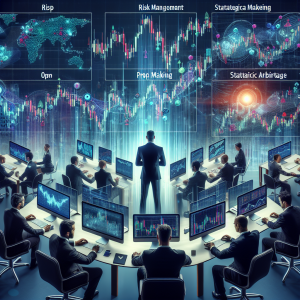 Visualize a vibrant financial scene showing people from various descents and genders working as prop traders. Show computer screens displaying graphs and stock market charts, with individuals absorbed in analyzing the data. Integrate representations of strategic prop trading elements like risk management, market making, and statistical arbitrage.