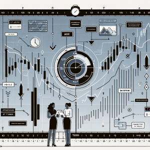 An infographic in clean, professional style showing the concept of the ADX (Average Directional Index) indicator. It should include a typical stock market chart with the ADX line and directional movement lines overlaid, as well as essential elements like the Y axis scale (representing ADX values from 0 to 100), the X axis (representing time), up and down arrows indicating positive and negative movements respectively. Accompany this with brief, clear labels or explanations about how investors can use the ADX indicator. Include a pair of line-drawn human figures: a black woman and an Asian man, both dressed professionally, studying this chart and discussing it critically.