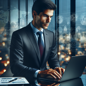A portrait of a Hispanic businessman, poised in a corporate setting. He's deeply engrossed in analyzing a complex set of data on his laptop. The ambiance of the room indicates grandeur and success. On the wall beside him are several diagrams and charts, symbols of strategic thinking and business analytics. Through a large window behind him, a vibrant cityscape can be seen, symbolizing the global scale of his business operations.