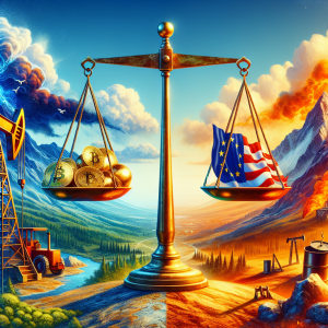 A vivid image of economic symbols conveying the short-term forecast for oil, gold, and the EUR/USD exchange rate. Imagine a landscape with an oil derrick on the left, symbolizing petroleum. To the right, a mountain with gold veins to represent gold. In the center, a striking balance scale. The left plate carries a European Union flag, symbolizing the Euro. The right plate carries an American flag, showing the US dollar. The scale tips slightly towards the side with the beaming American flag, giving a slight hint of the EUR/USD exchange rate forecast.