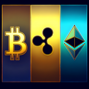 Generate an illustrative image with three distinct sections, aligned horizontally. On the far left, represent the symbol of Bitcoin, a 'B' with two vertical strokes, rendered in gold against a dark background. To the right of this, delineate a section that captures the symbol for Ripple, a triskelion or three-pronged shape, in bright blue against a lighter background. Finally, on the far right, draw a depiction of the symbol for Ethereum, an octahedron or diamond shape, in silver against a gradient background. Include a banner at the bottom with the words 'Short-Term Forecast for Today'.