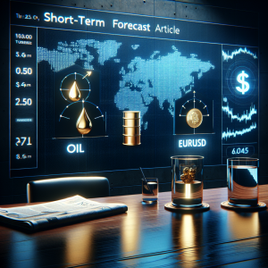 Visualize a scene representative of a short-term forecast article that includes oil, gold, and EURUSD. The image should show a weather-style map being displayed on a large screen, with symbols for oil, gold, and the EURUSD Forex chart. These symbols should be elegantly laid out on the digital chart: a barrel for oil, a nugget for gold and the EURUSD symbol. In the room, there's a digital clock showing international timings, a glass of water reflecting the light from the digital screen, and a business newspaper on a polished wooden table. No people are present in the scene.