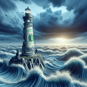 An image symbolizing the stability of the US dollar without any illusions. The scene should feature a sturdy, tall lighthouse in the midst of a turbulent sea. The lighthouse represents the US dollar, standing firm amidst global economic fluctuations, symbolized by the roaring waves. High in the tower, an African American lighthouse keeper watches calmly over the scene, signifying vigilance and control. The sky is stormy, adding to the dynamic and powerful atmosphere of the scene. Use cool colors, like deep blues, grays, and whites to emphasize strength, stability, and resilience.